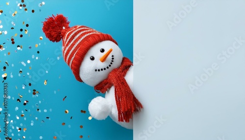 cute snowman peeking out from the right side of the white wall wearing a red scarf and hat