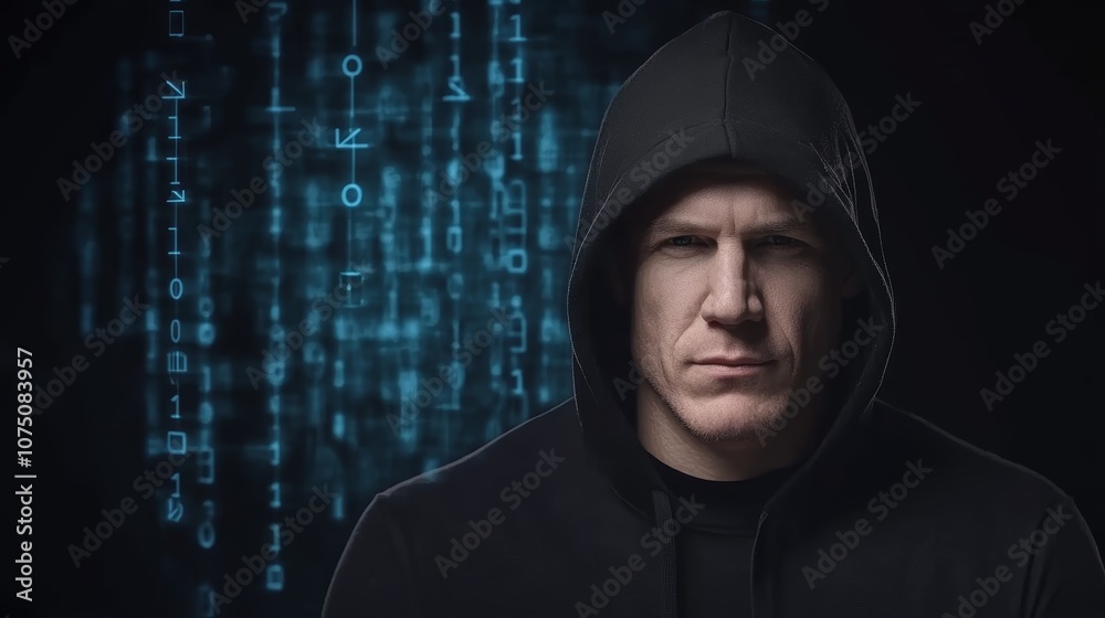 Man in hoodie with binary code, exploring cybersecurity, programming, data, and the digital world of technology Man in hoodie with binary code, exploring cybersecurity, programming, data, and the digital world of technology