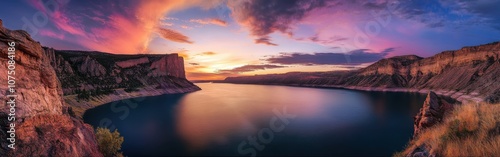 A breathtaking sunset panorama over Flaming Gorge, showcasing vibrant colors reflecting on serene waters surrounded by dramatic cliffs