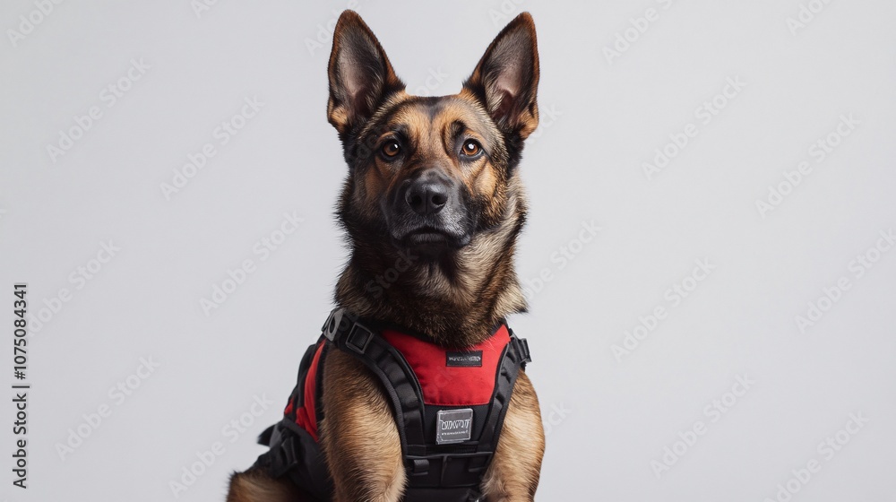 Obraz premium Majestic German Shepherd Dog in Red and Black Harness: A Studio Portrait