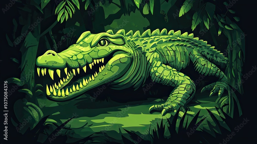 Fototapeta premium Green Crocodile Lurking in a Dark Jungle Setting