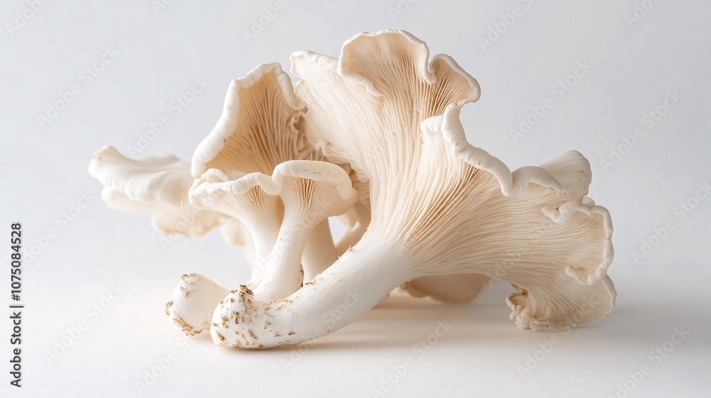 A Captivating Close-Up: The Elegant Simplicity of Oyster Mushrooms on a Pristine White Canvas A Captivating Close-Up: The Elegant Simplicity of Oyster Mushrooms on a Pristine White Canvas