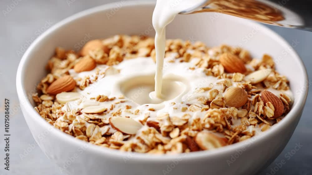 A bowl of cereal with milk poured into it A bowl of cereal with milk poured into it
