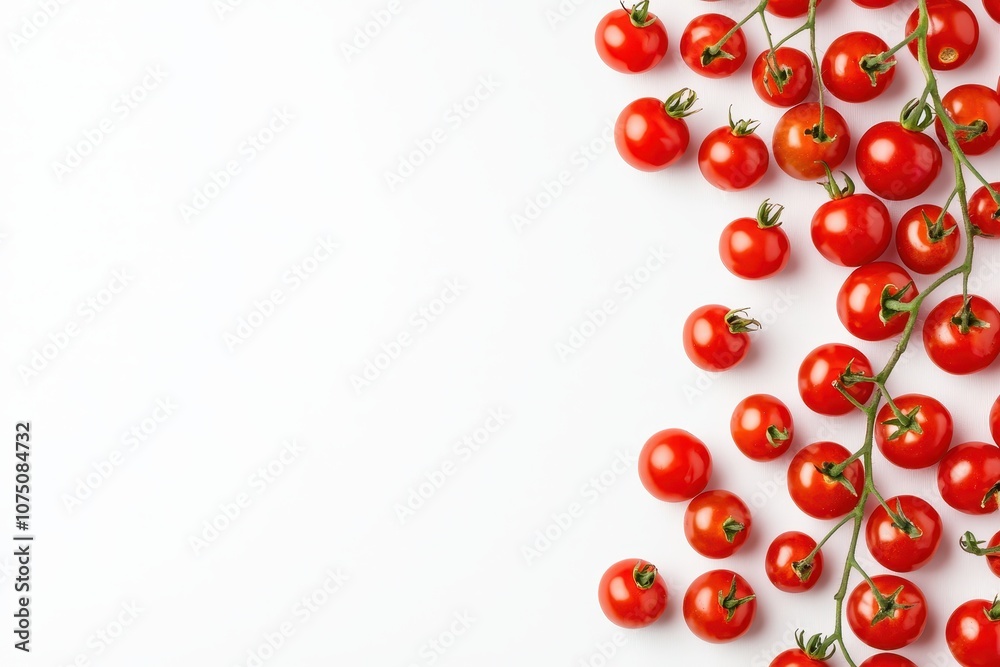 Fresh cherry tomatoes arranged on a clean white background, showcasing vibrant red color and natural beauty. Fresh cherry tomatoes arranged on a clean white background, showcasing vibrant red color and natural beauty.