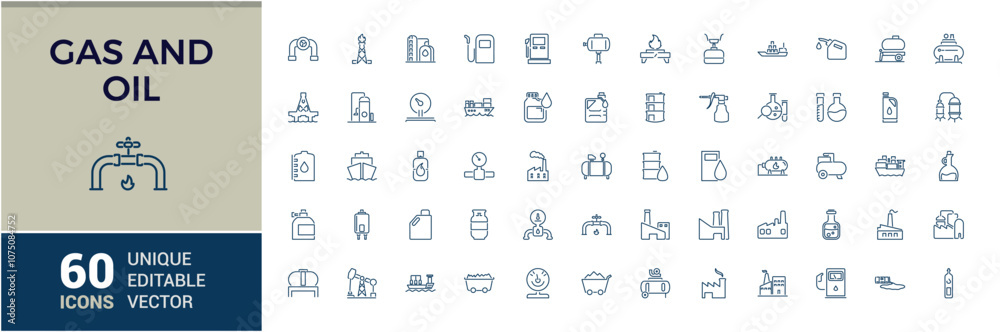 Naklejka premium Gas and oil icons set in line style. Featuring energy, petroleum, production, refinery, storage, chemical, oil and more. Simple icon designs.