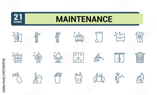 Set of Cleaning And Maintenance line icons. Contains such icons as vacuum, business, men, scrubbing, hand, wash, sponge, spray. Outline icons pack. Vector outline icons collection.