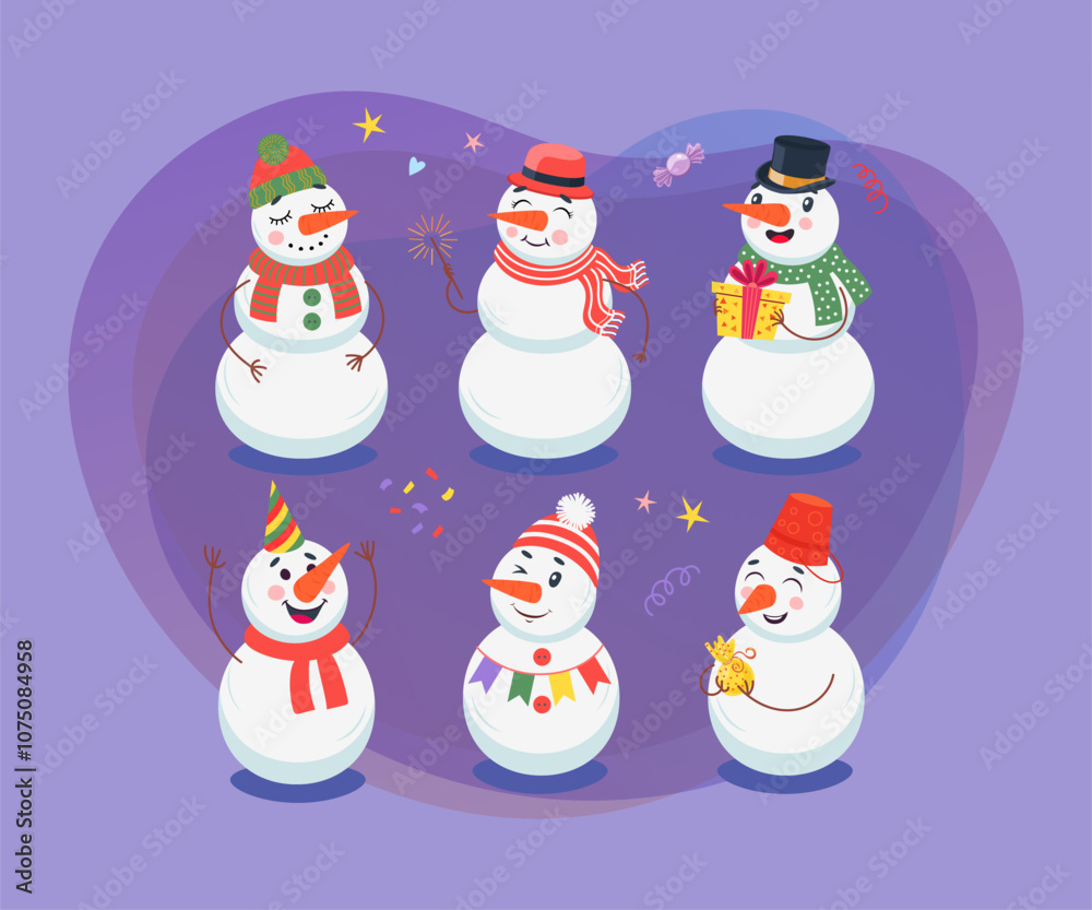 Cute snowman cartoon characters vector illustrations set. Happy comic snowmen in hats and scarves, gift box, New Year or Christmas decorations isolated on blue background. Winter, holidays concept Cute snowman cartoon characters vector illustrations set. Happy comic snowmen in hats and scarves, gift box, New Year or Christmas decorations isolated on blue background. Winter, holidays concept