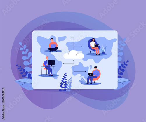 Distant workers using cloud system in work and data storage flat vector illustration. Cartoon employees working on computers in global network. Teamwork and management concept