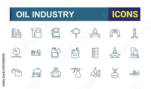 Gas and oil icons set in line style. Featuring energy, petroleum, production, refinery, storage, chemical, oil and more. Simple icon designs.