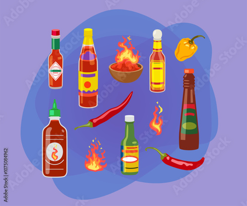 Different spicy sauces vector illustrations set. Ketchup, hot tomato and chili sauces in bottles, red and yellow peppers isolated on white background. Food concept