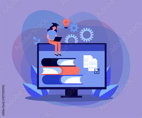 Digital resource library on computer screen vector illustration. Female student with laptop studying course materials, books and documents online. Education, e-learning concept