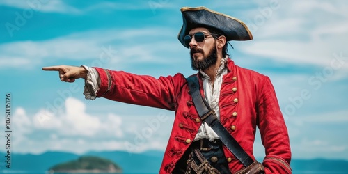 Pirate in red coat pointing towards the horizon, dramatic sky in the background. photo