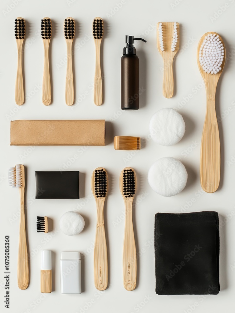A minimalistic arrangement of eco-friendly oral care products on a light background in a well-lit setting A minimalistic arrangement of eco-friendly oral care products on a light background in a well-lit setting