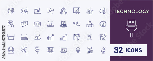 Technology vector line icon set. Featuring collection, cloud, graphic, computer, 5g, network and more. Set of line pictogram. Editable vector stroke.
