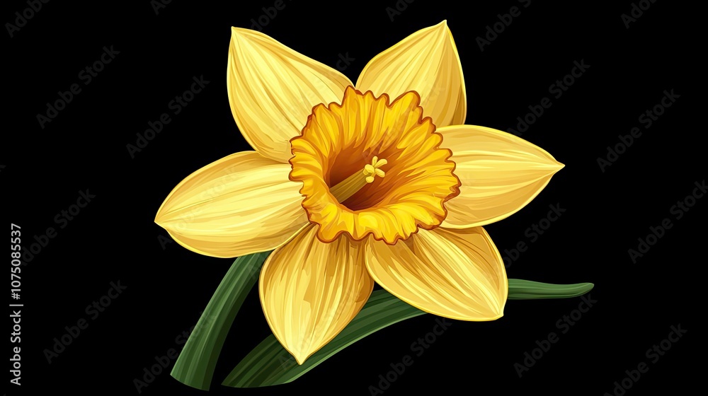 Obraz premium A single yellow daffodil with green leaves against a black background