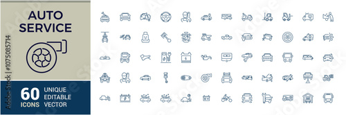 Auto Service vector line icon set. Containing tool, diagnostic, vehicle, machine, technician, isolated, brake and more. Outline icon collections. Vector illustration.