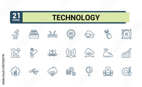 Technology vector line icon set. Featuring collection, cloud, graphic, computer, 5g, network and more. Set of line pictogram. Editable vector stroke.