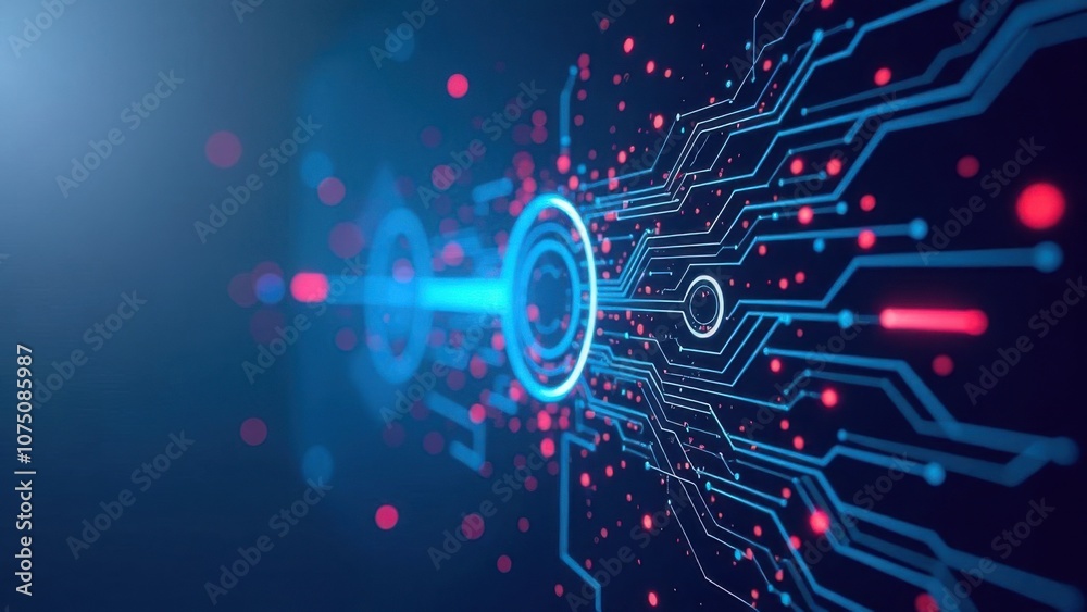 Fototapeta premium Abstract futuristic digital interface with circular HUD elements on a dark background. High-tech, cybersecurity, artificial intelligence-themed visuals, copy space for design or wallpaper applications