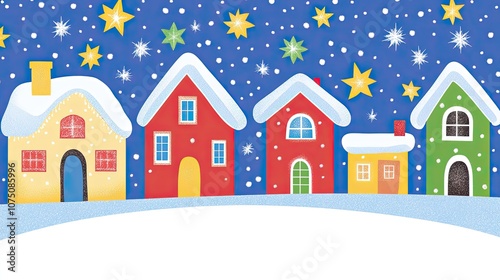 A snowy village scene at night, featuring brightly lit houses with Christmas decorations and twinkling stars in the background sky.