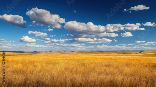 A tranquil afternoon in the vast eastern prairies showcasing golden grasses and a bright blue sky dotted with fluffy clouds