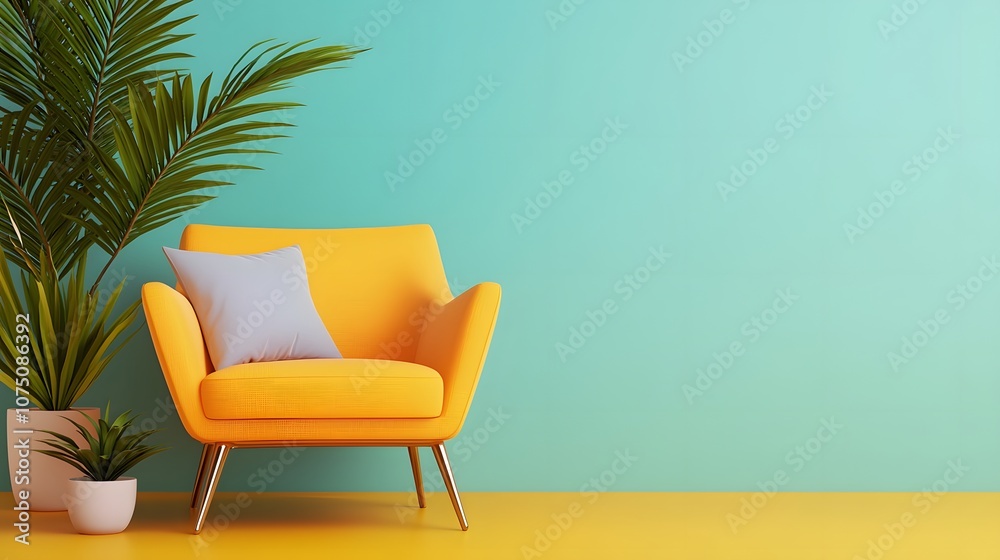 Yellow Armchair with Palm Plant and Teal Wall. Yellow Armchair with Palm Plant and Teal Wall.