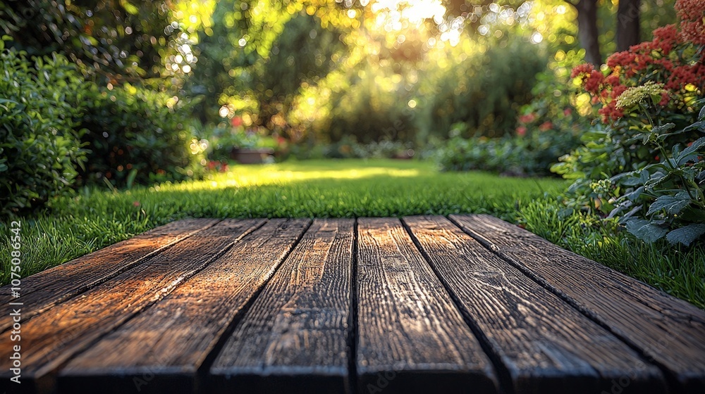 A serene garden scene featuring wooden planks leading into a lush, vibrant landscape. A serene garden scene featuring wooden planks leading into a lush, vibrant landscape.