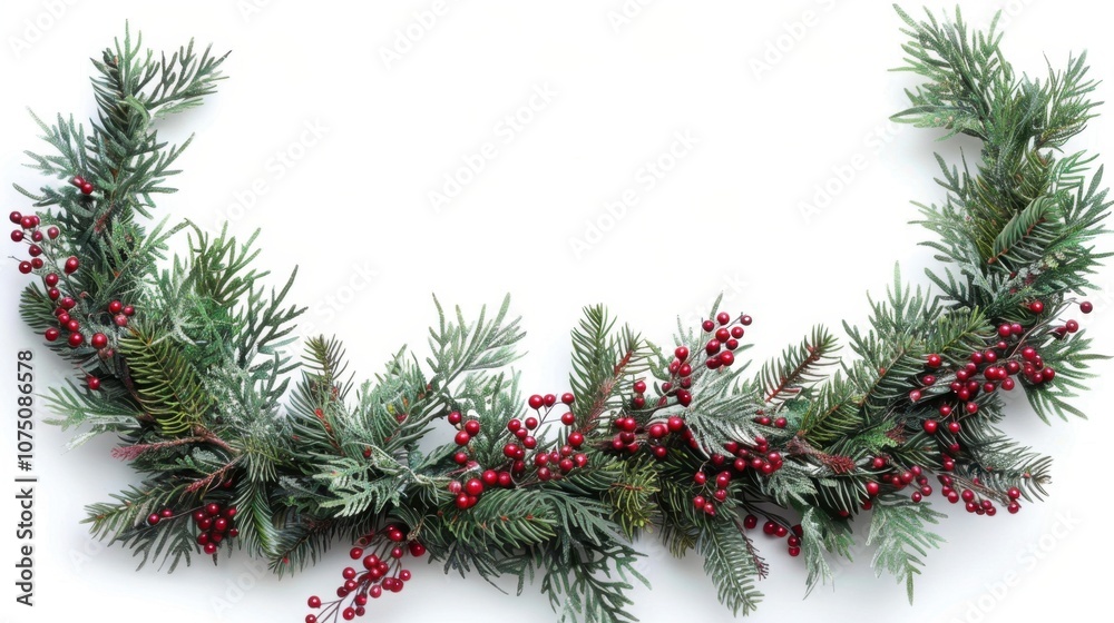 A Christmas wreath made of green pine branches and red berries, isolated on white background A Christmas wreath made of green pine branches and red berries, isolated on white background