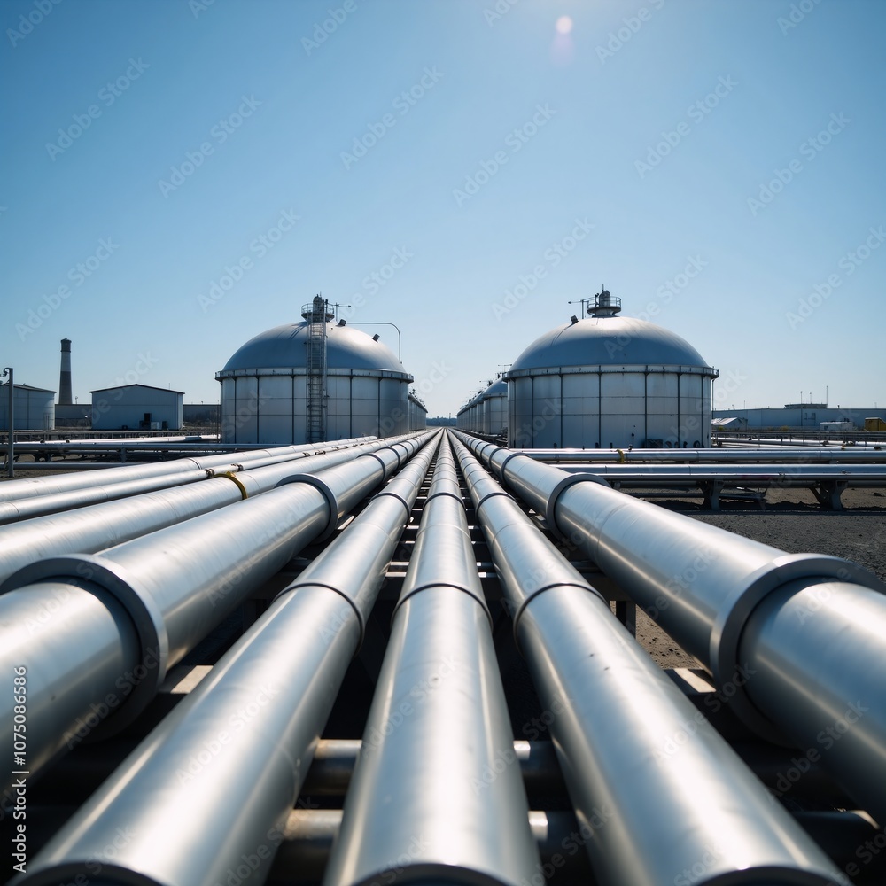 A sunlit factory with spherical tanks and steel piping showcasing a chemical manufacturing complex in a 3D visualization A sunlit factory with spherical tanks and steel piping showcasing a chemical manufacturing complex in a 3D visualization