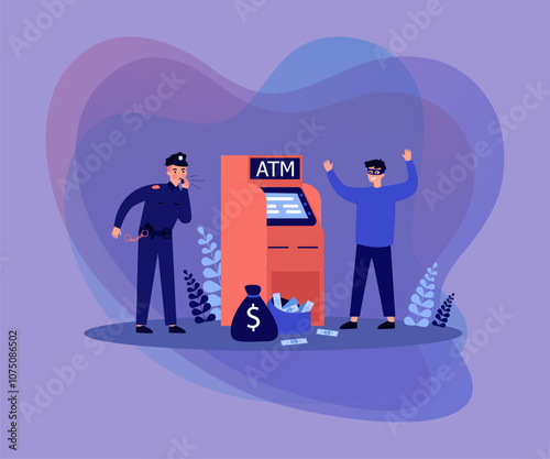 Fraud attacking ATM. Police man catching criminal in mask at cash machine. Vector illustration for security technology, banking, burglary, threat concepts