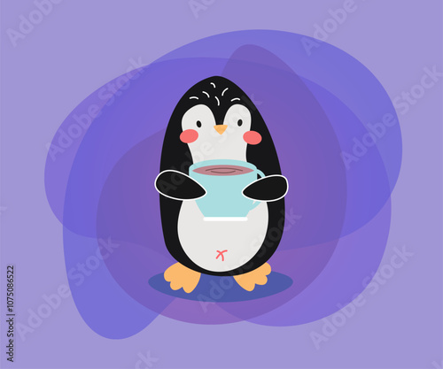 Funny penguin cartoon character with coffee cup vector illustration. Comic bird idrinking coffee, celebration of winter holidays: Christmas, New Year. Winter activities concept