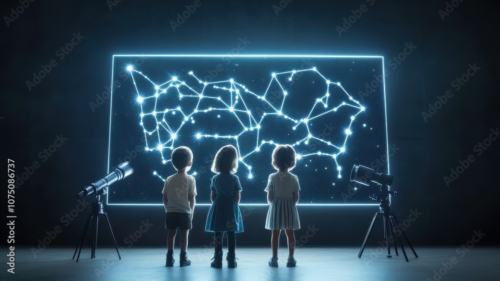 Children observing constellations on a glowing background.