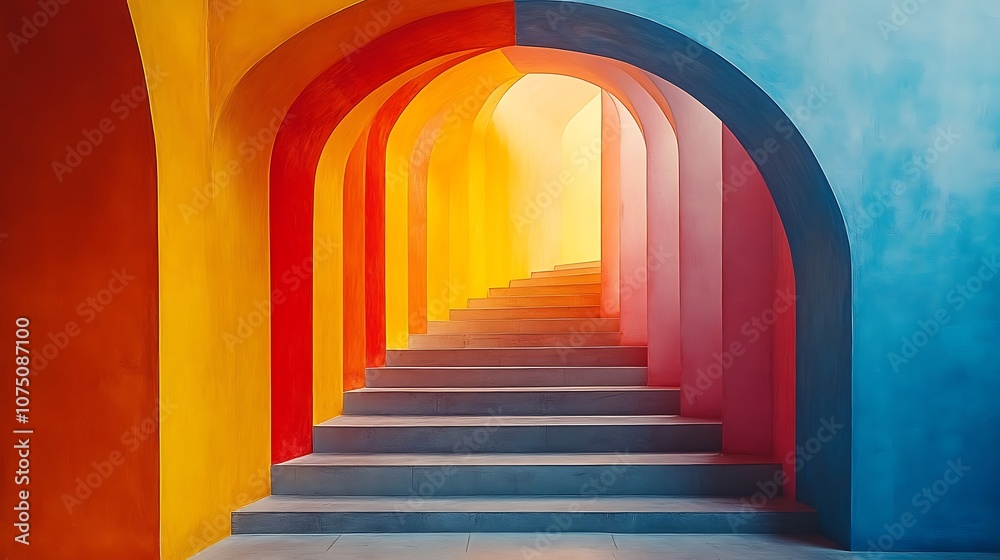 Vibrant Geometric Staircase with Colorful Arched Walls Creating an Inviting Atmosphere in a Modern Architectural Space Vibrant Geometric Staircase with Colorful Arched Walls Creating an Inviting Atmosphere in a Modern Architectural Space