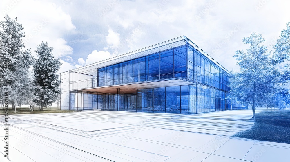 Architectural Sketch of a Modern Glass Building with Trees Architectural Sketch of a Modern Glass Building with Trees