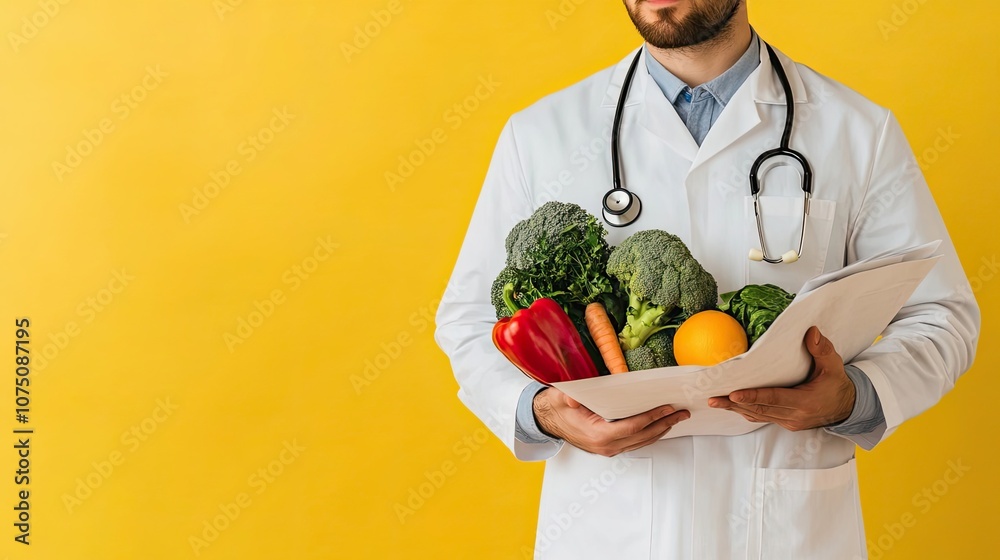 Doctor Holding Vegetables and a Folder Against Yellow Background Doctor Holding Vegetables and a Folder Against Yellow Background