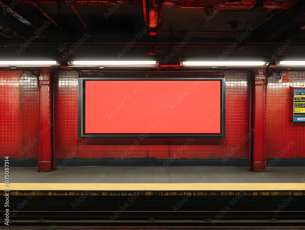 Photo Subway Platform Red Advertisement Screen, Red Tiles, and Train Tracks Photo Subway Platform Red Advertisement Screen, Red Tiles, and Train Tracks