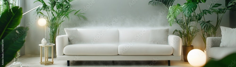 Cozy living room with a white sofa and lush indoor plants. Cozy living room with a white sofa and lush indoor plants.