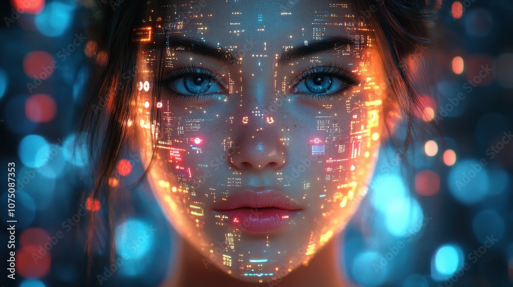 A futuristic portrait with digital patterns on a woman's face. A futuristic portrait with digital patterns on a woman's face.