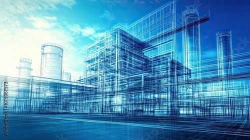 Wireframe Architectural Model of Industrial Complex