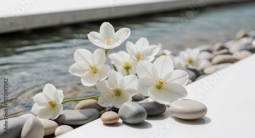 White Flowers and Smooth Stones Surrounding a Flowing River.