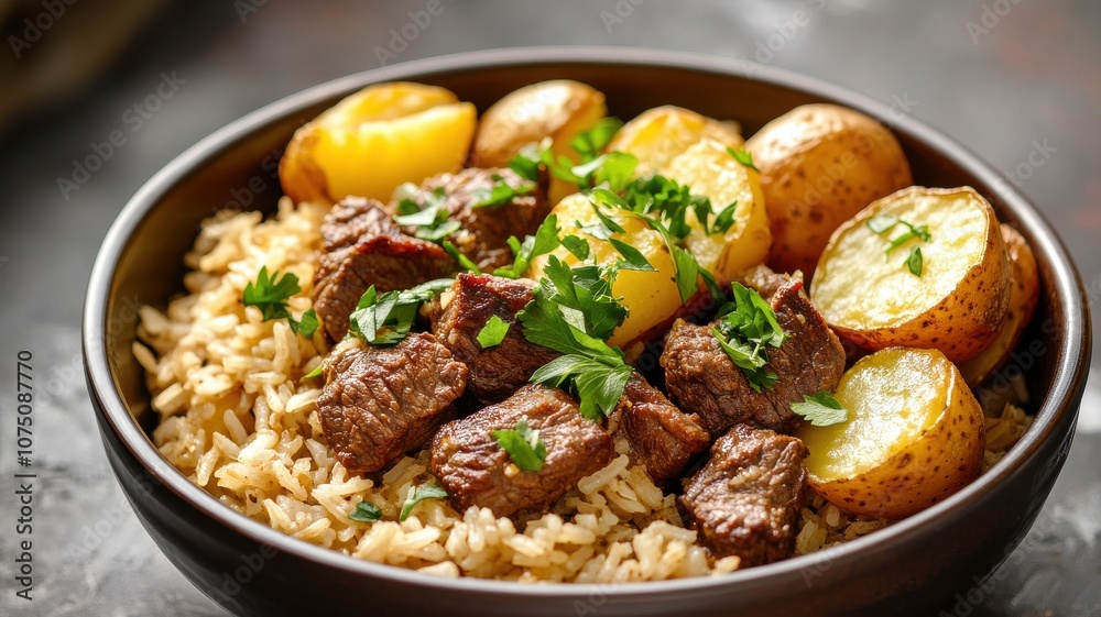 Delicious beef stew served with rice and roasted potatoes. Delicious beef stew served with rice and roasted potatoes.