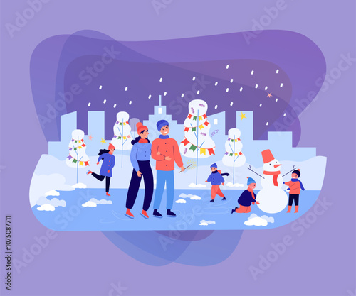 Happy family enjoying holidays at ice rink vector illustration. Parents ice skating while children building snowman, snow and decorated trees in background. Winter activities, Christmas concept