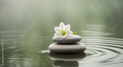 Stacked Stones with Flower on a Calm Pond.