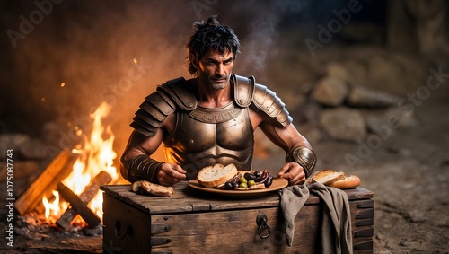 Spartan Warrior's Meal: A powerful, muscular gladiator takes a break from battle, enjoying a simple meal by a roaring fire. The image evokes themes of strength, resilience. photo