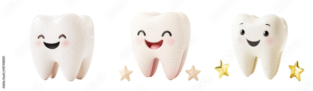 Cute cartoon teeth with smiling faces and stars, representing dental health and happiness Cute cartoon teeth with smiling faces and stars, representing dental health and happiness