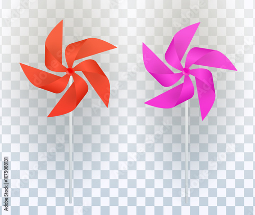 Children toy windmill propeller blades on transparent background. Children spinner or pinwheel, vector illustration.