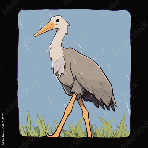 Cartoonish illustration of a stork walking in the rain against a bright blue sky