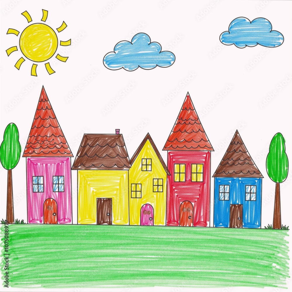 Naklejka premium A child-like illustration portrays conceptual homes amidst clouds trees and green grass targeting first-time homebuyers in a vibrant housing market