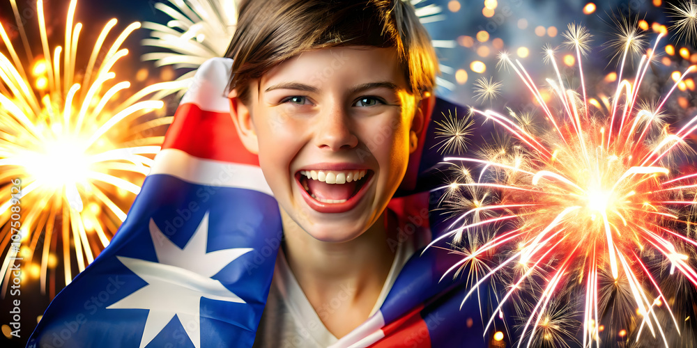 Close Up Portrait Person Australian Fireworks Background Joyful Expression Vibrant Colors Celebration National Pride Ample Copy Space Photo Stock Concept Close Up Portrait Person Australian Fireworks Background Joyful Expression Vibrant Colors Celebration National Pride Ample Copy Space Photo Stock Concept