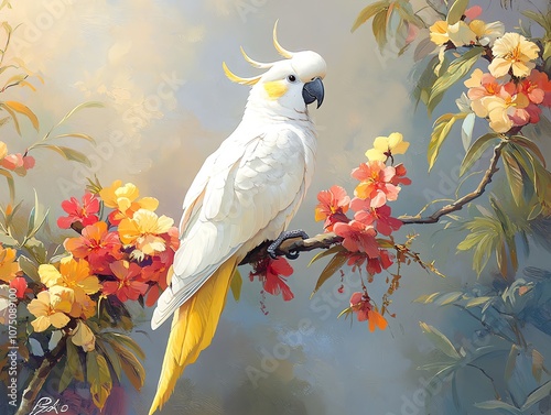 A white cockatoo with a yellow crest and tail perches on a branch with colorful flowers. photo