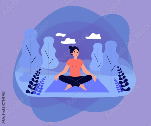 Happy woman sitting in lotus pose on nature flat vector illustration. Cartoon character doing yoga in forest for balance in daily lifestyle. Physical health treatment and fitness concept